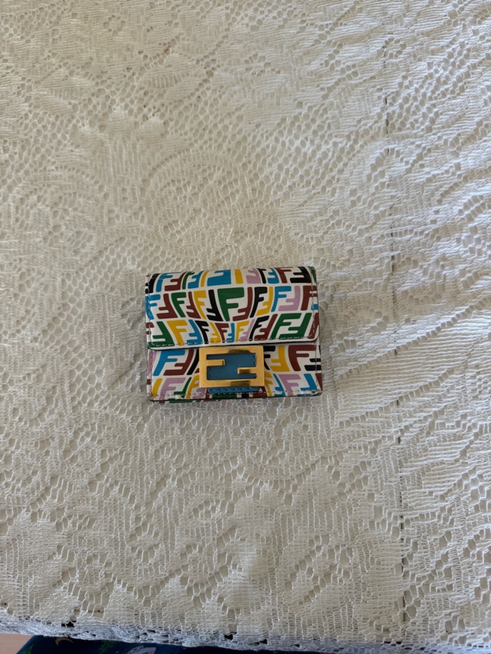 Fendi Multicolor FF Logo Mini Wallet with Gold Buckle